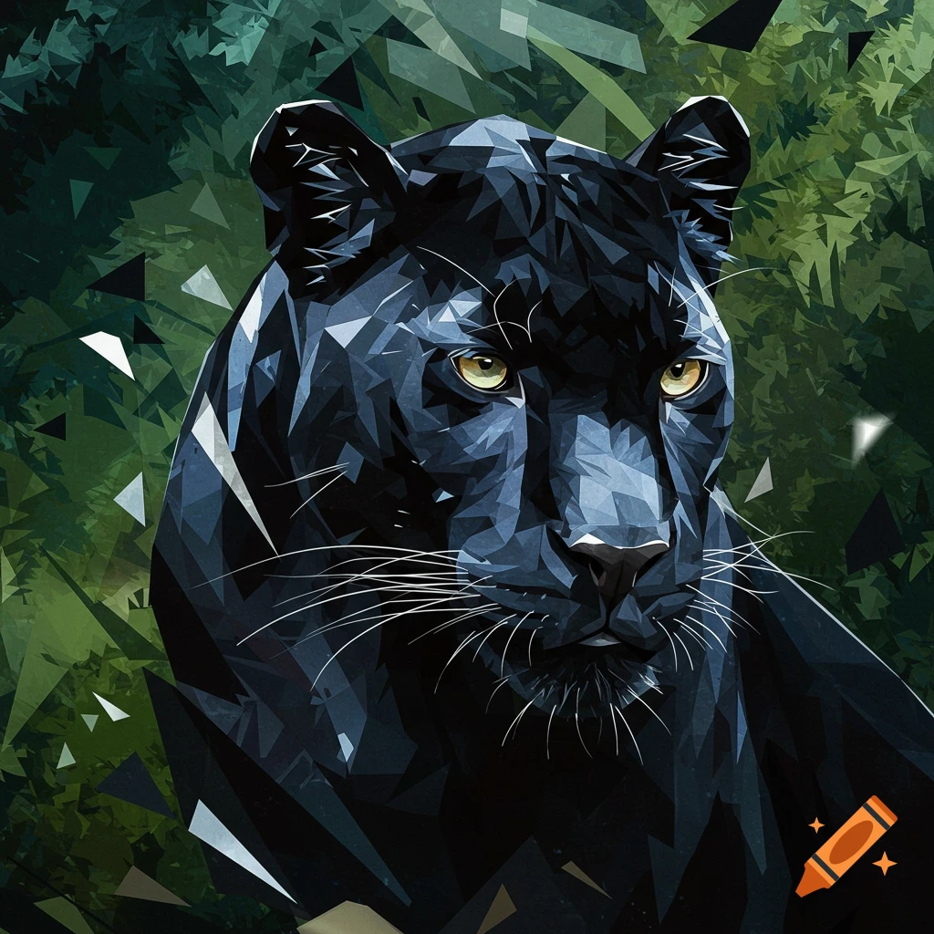 A black panther rendered in a cubist, geometric art style, with a fragmented green background.