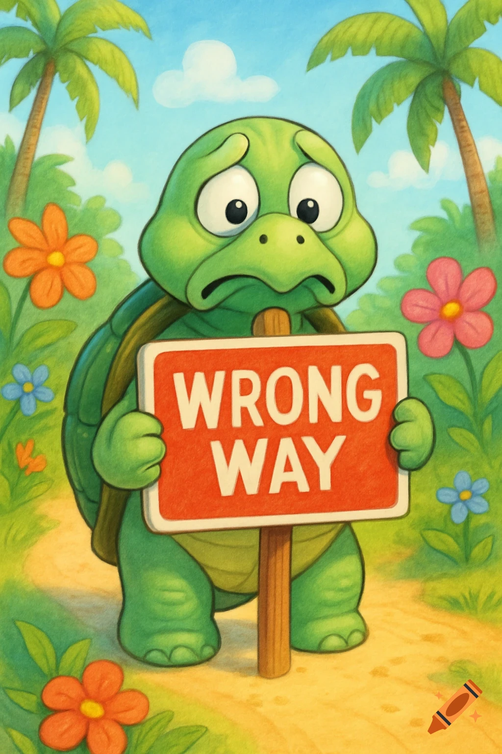A frowning cartoon turtle holds a red 'WRONG WAY' sign on a path lined with palm trees and flowers.