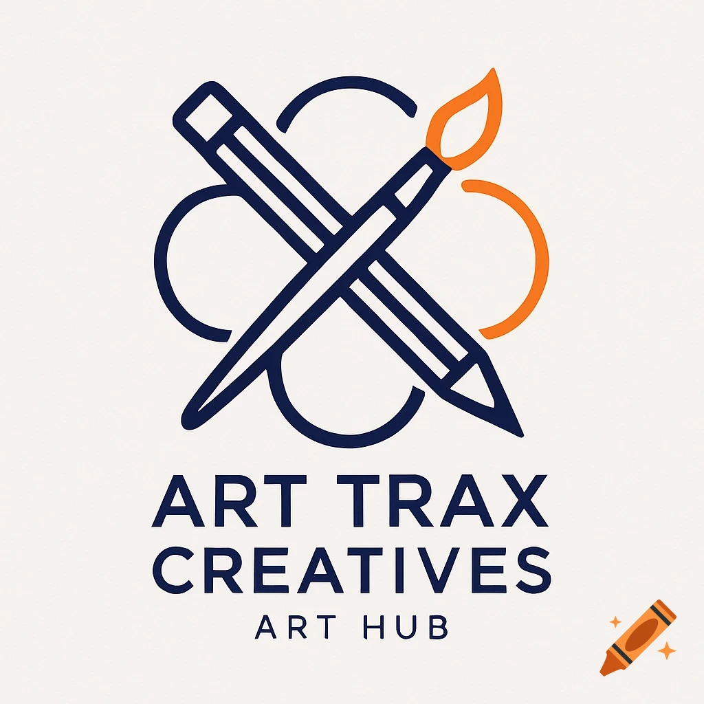 A clean, minimalist logo featuring a blue outlined pencil and paintbrush crossed, with an orange paint flame on the brush, all set against a white background with the text 'ART TRAX CREATIVES ART HUB'.