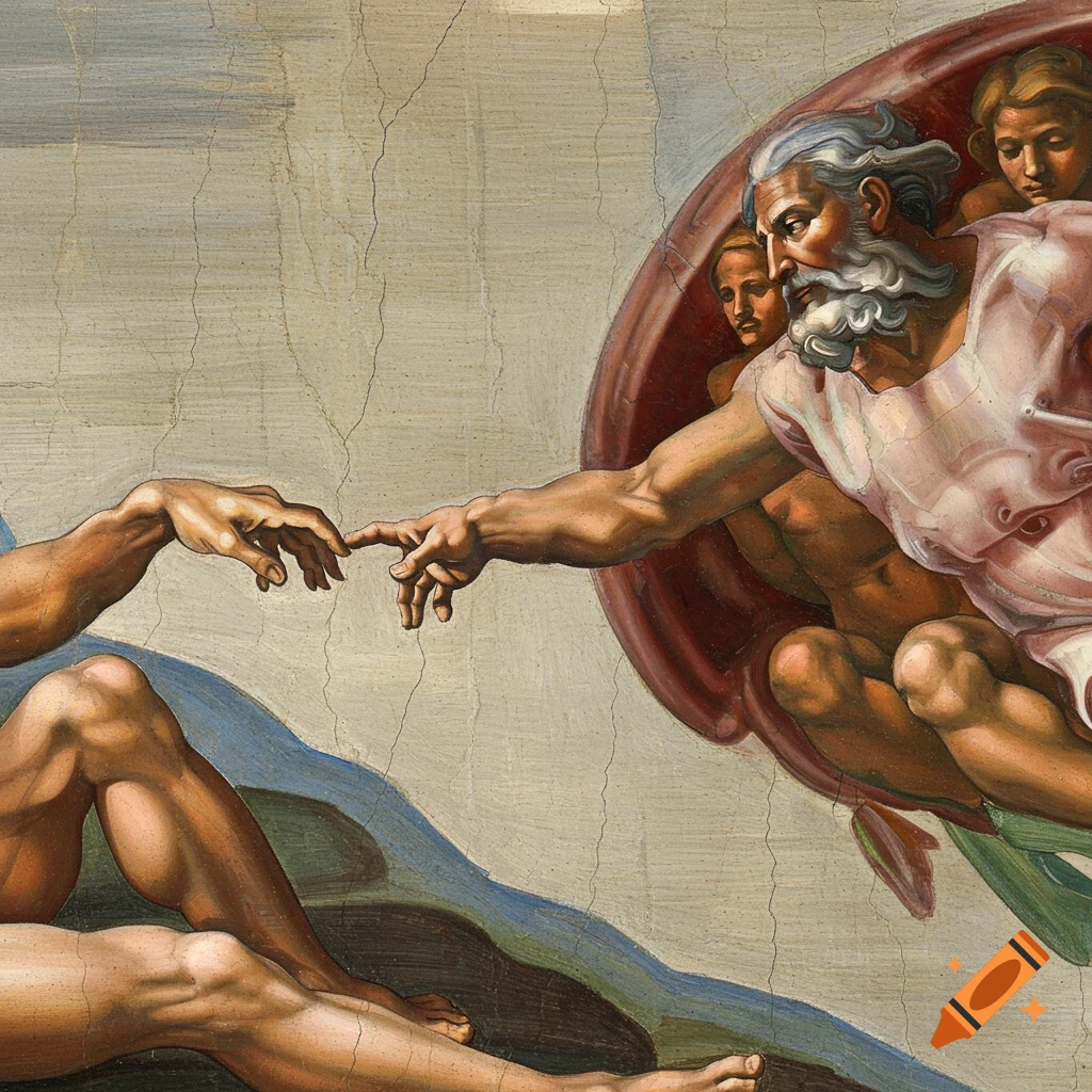 Michelangelo's The Creation of Adam fresco showing God and Adam's hands reaching towards each other.