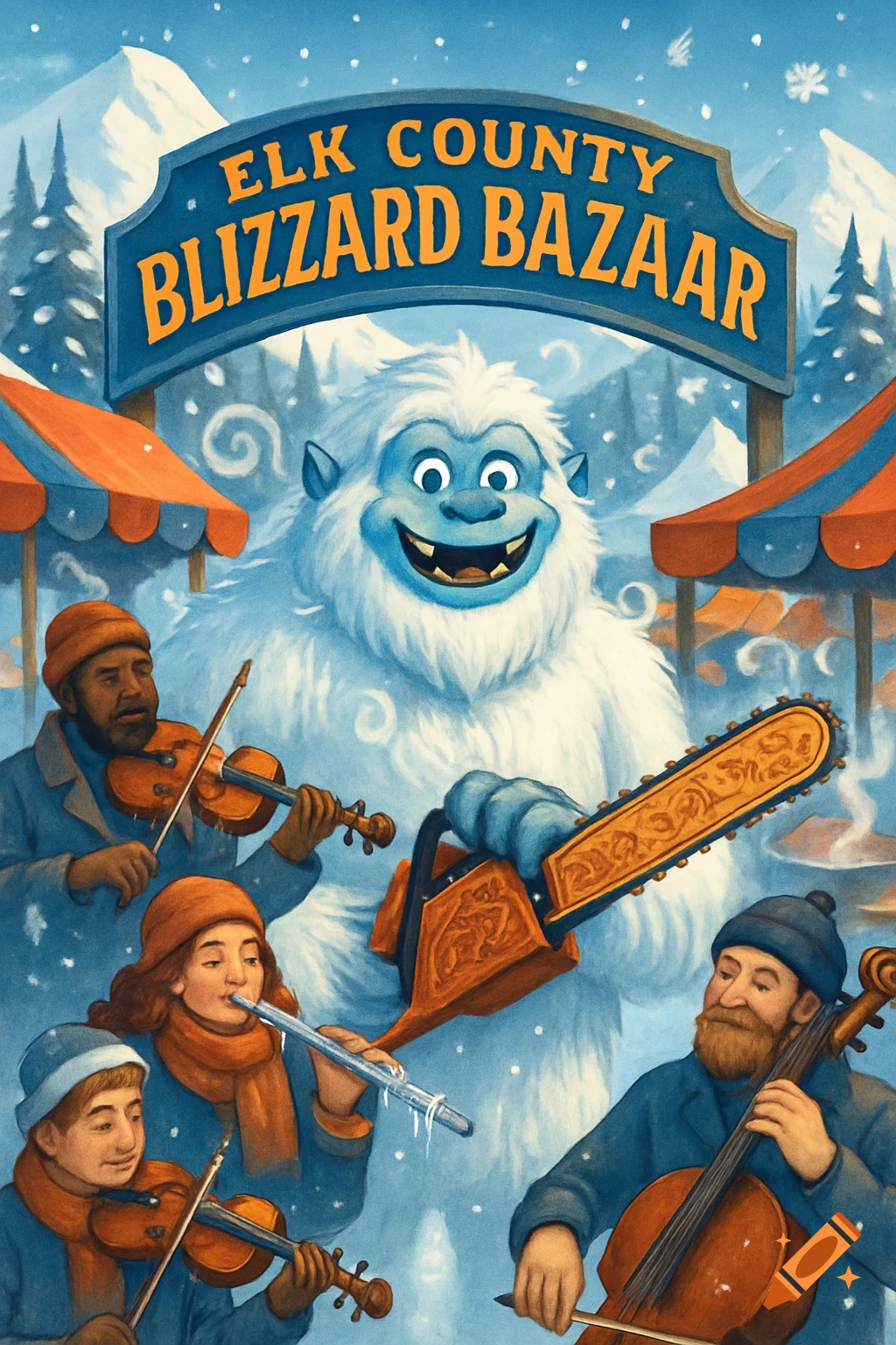 A friendly white yeti holds an ornate chainsaw, surrounded by musicians playing instruments at the Elk County Blizzard Bazaar in a snowy, whimsical illustration.