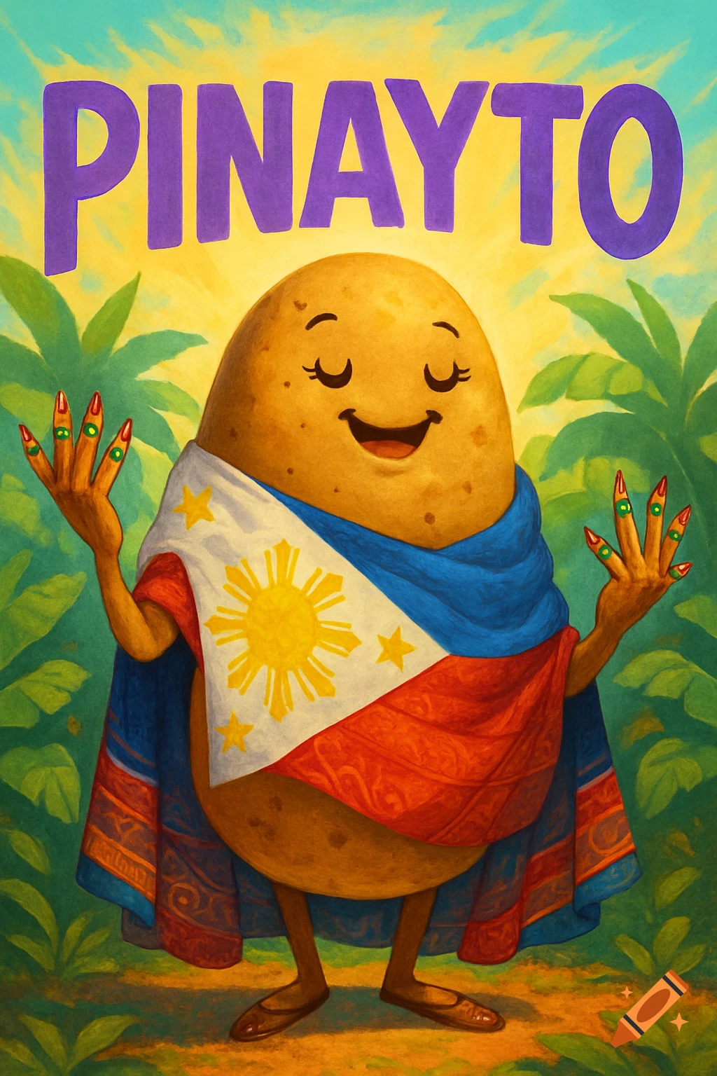 A smiling cartoon potato character wearing a Philippine flag as a cape, with arms and painted fingernails, stands in a vibrant landscape under purple text that reads 'PINAYTO'.