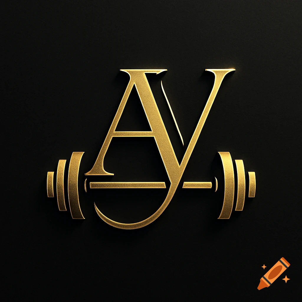 Gold stylized A and V initials with a barbell on a black background.