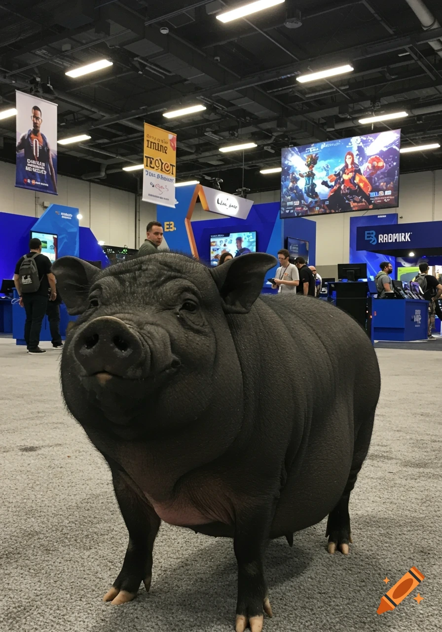 A black Vietnamese pot-bellied pig stands on a gray carpet inside a busy video game expo, with colorful banners and screens in the background.