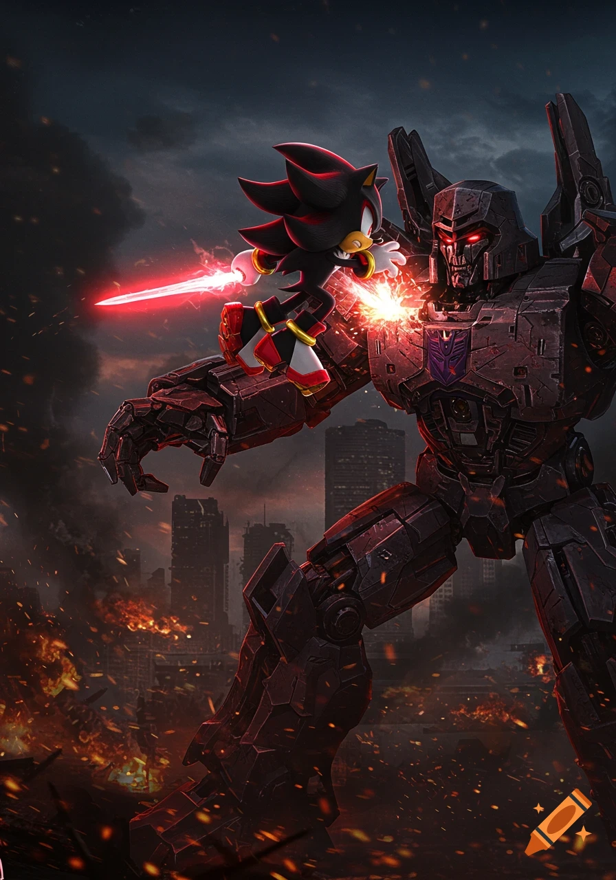 Shadow the Hedgehog with a red energy blade attacking Megatron in a ruined city with fires, digital art.