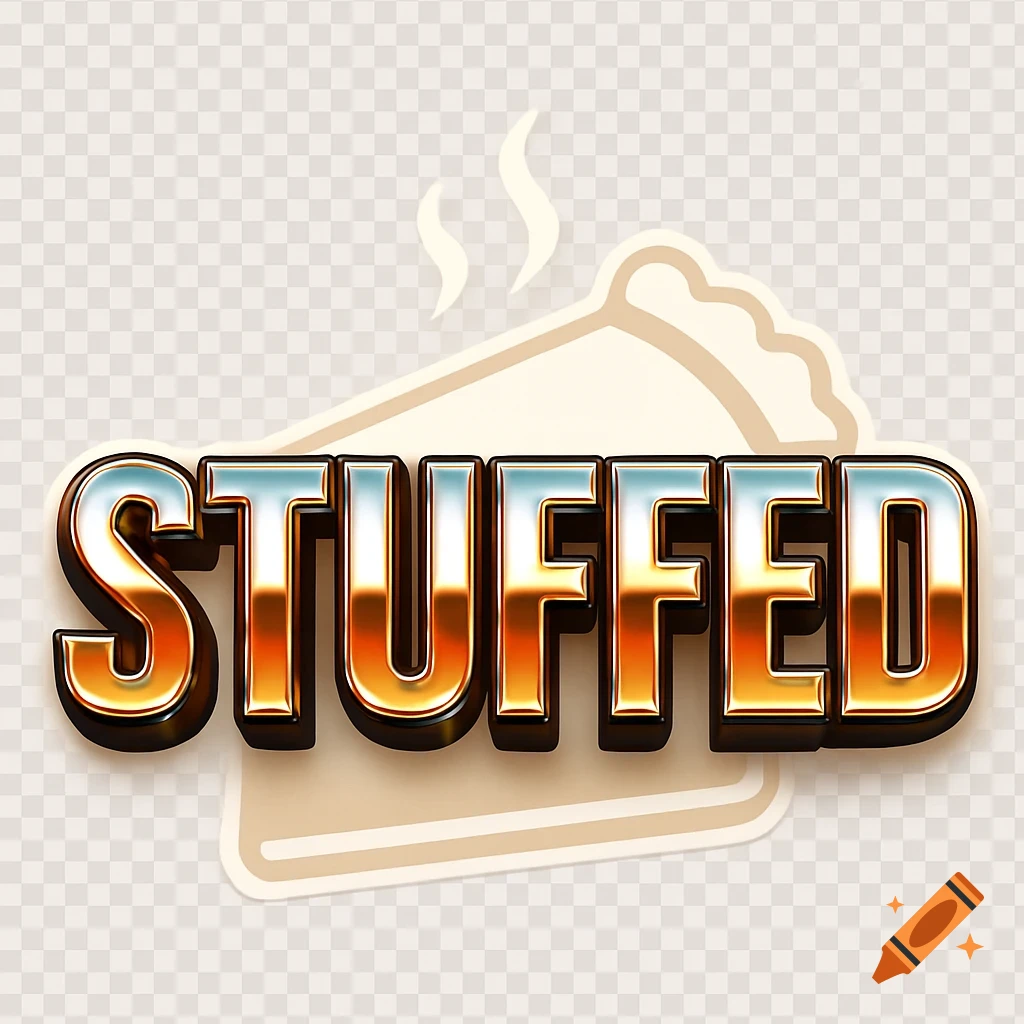 The word STUFFED in metallic chrome font with fall colors, over a minimalist pie slice silhouette with steam.