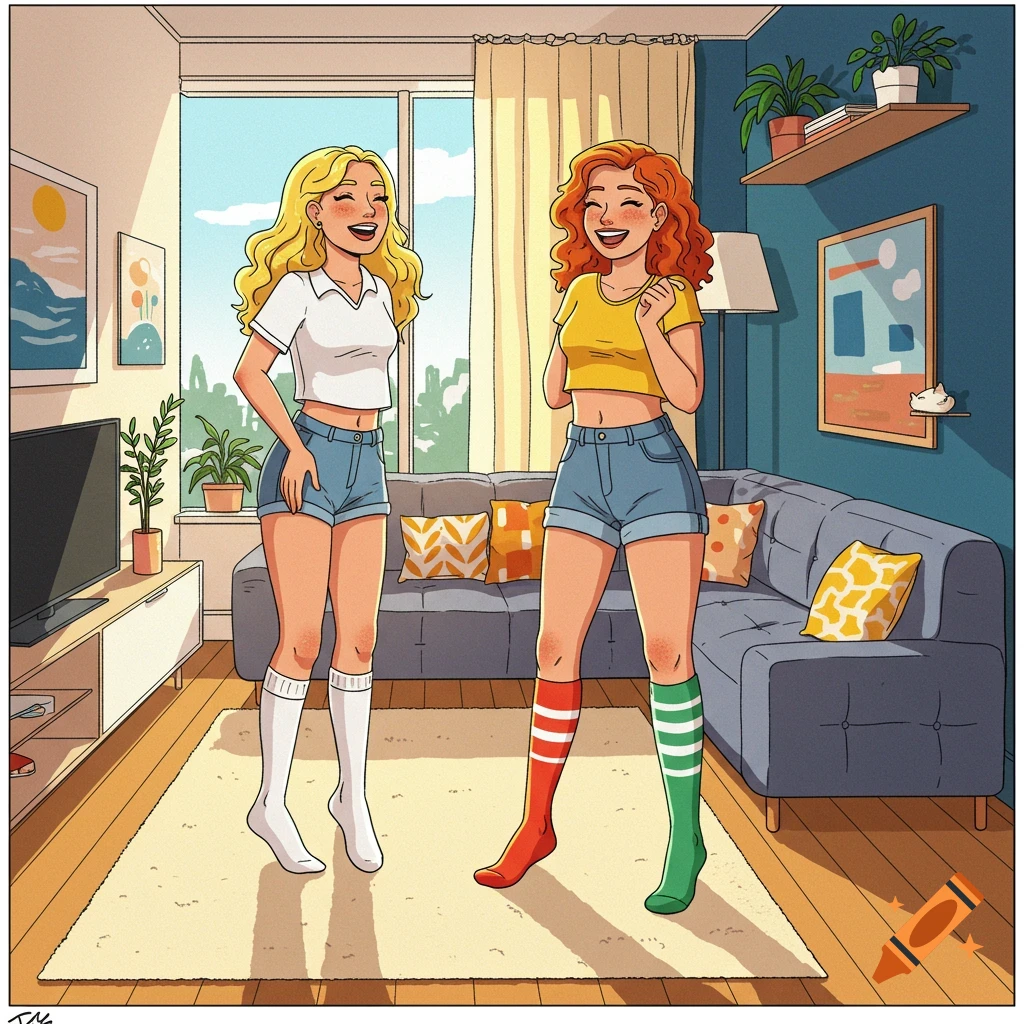 Comic style illustration of two smiling women, one blonde and one redhead, standing in a sunny apartment living room.