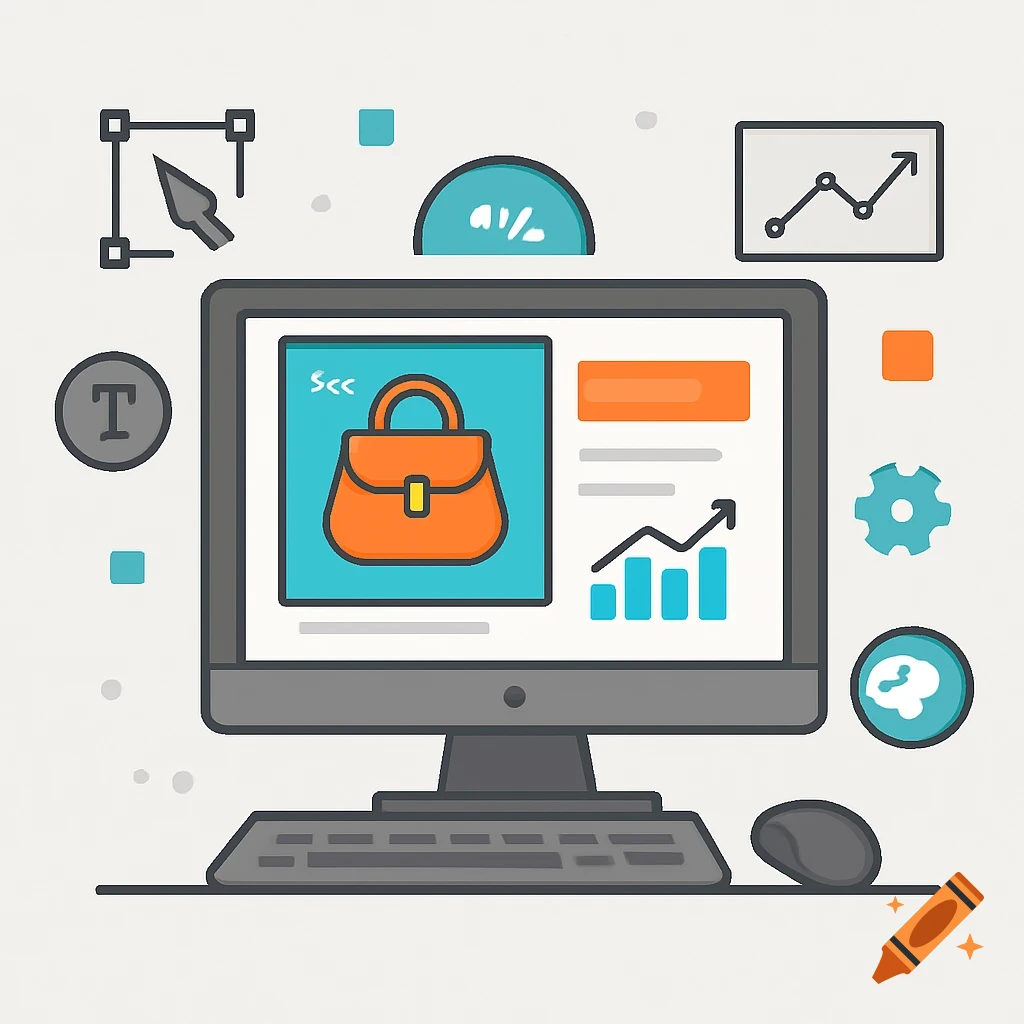 A stylized illustration of a computer monitor displaying a product card with an orange handbag, surrounded by various design and analytics icons.