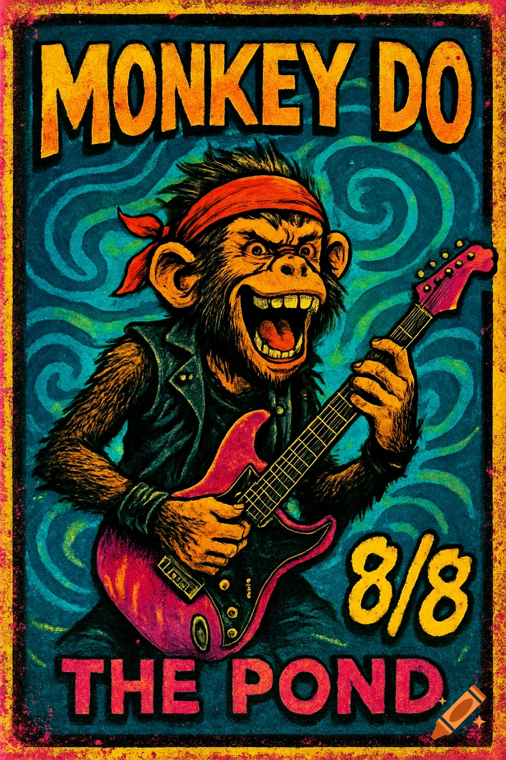 A vibrant, grunge-style concert poster with a snarling monkey playing a pink electric guitar. Text reads 'MONKEY DO', '8/8', 'THE POND'.