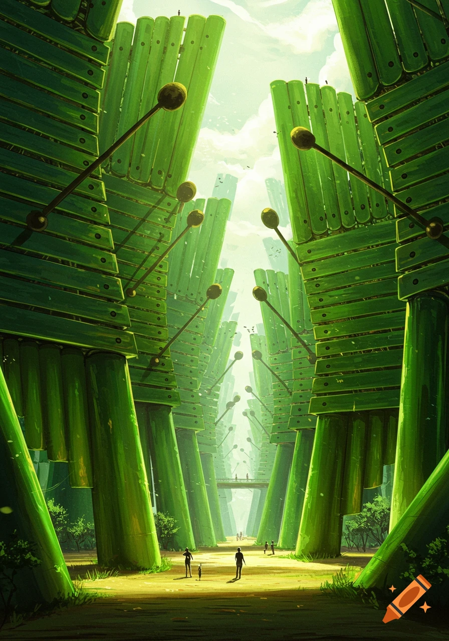 A fantasy landscape with a path winding through giant green xylophone structures, with tiny figures walking below and a bridge in the distance.