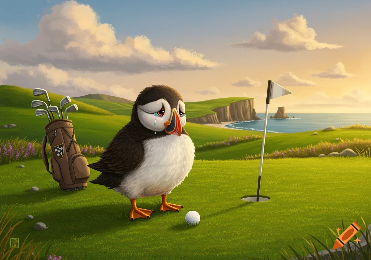 A sad cartoon puffin cries on a golf green next to a golf ball and hole, with a golf bag and coastal landscape in the background.