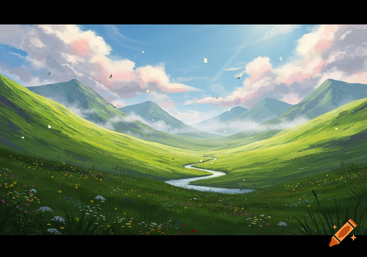 Serene vibrant green valley with a winding river, colorful wildflowers, distant mountains, soft clouds, and butterflies in a painterly style.