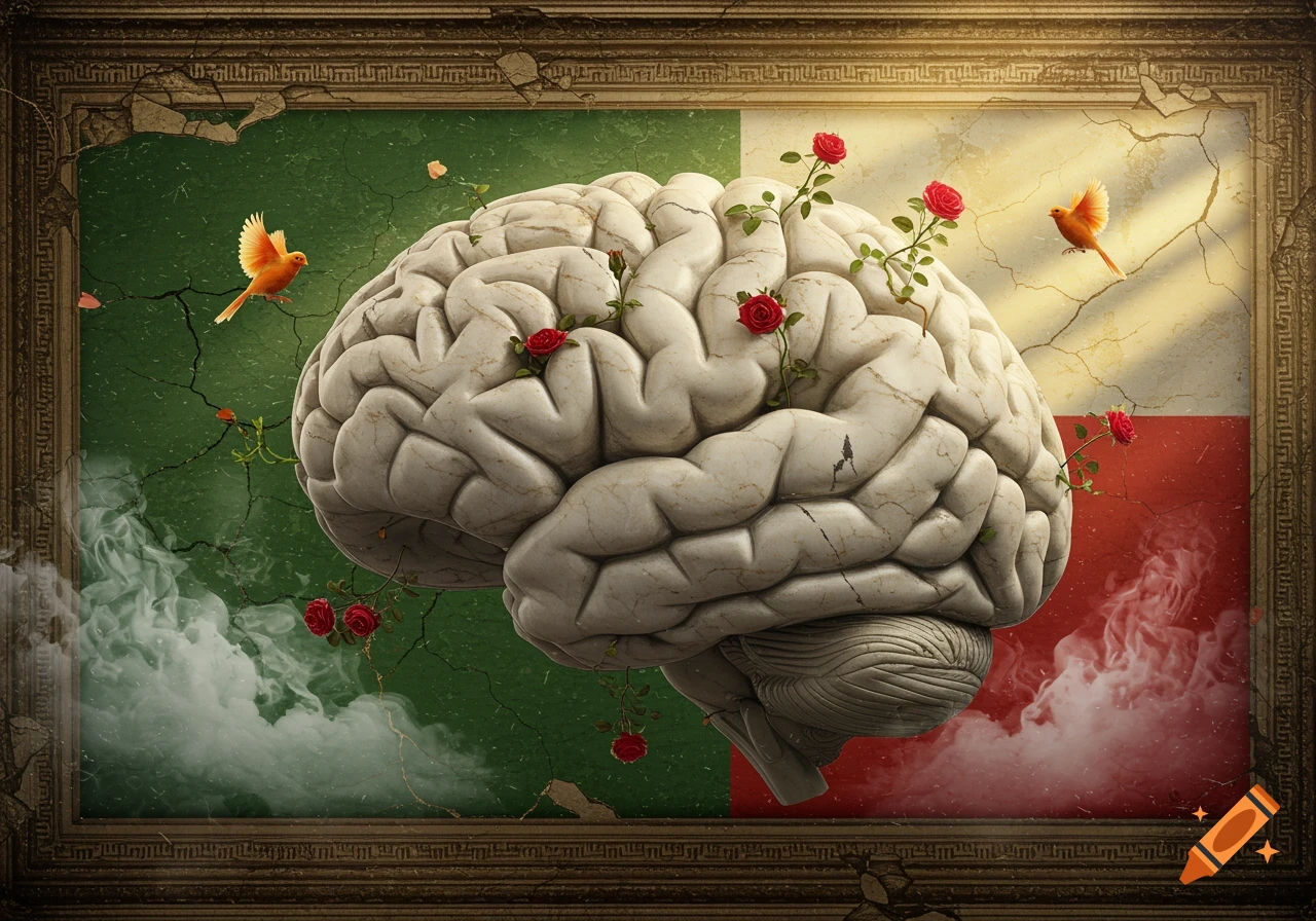 A symbolic brain with roses and birds, against a distressed Italian flag-colored background, in a cracked frame.