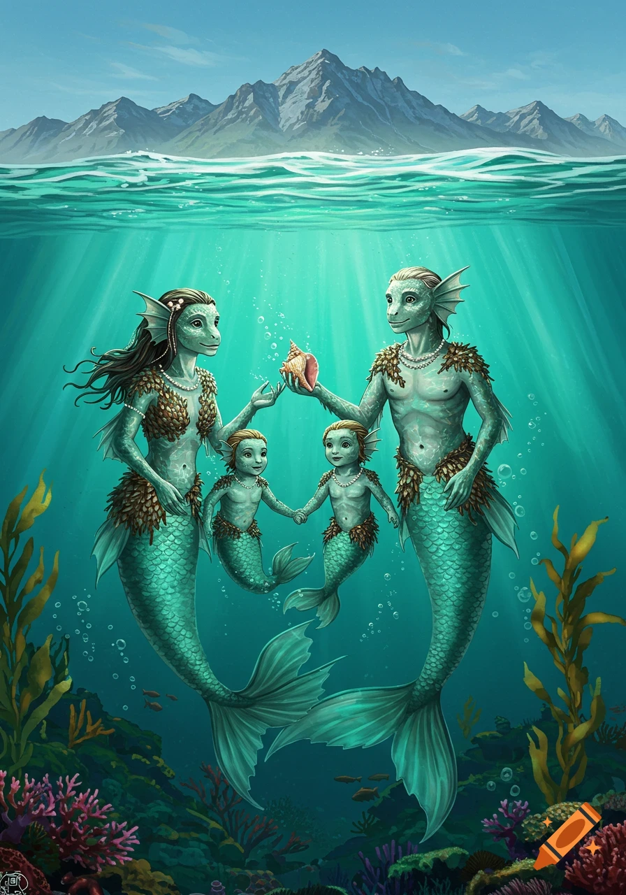 An illustrated family of four mermaids, two adults and two children, swim underwater holding hands, with mountains visible above the surface.