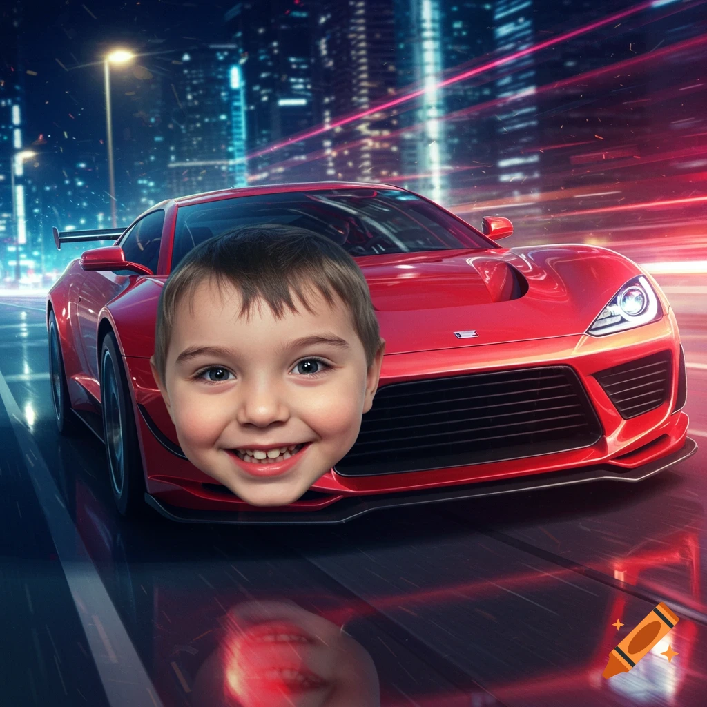 A smiling young boy's head on the front of a red sports car speeding through a futuristic city at night.