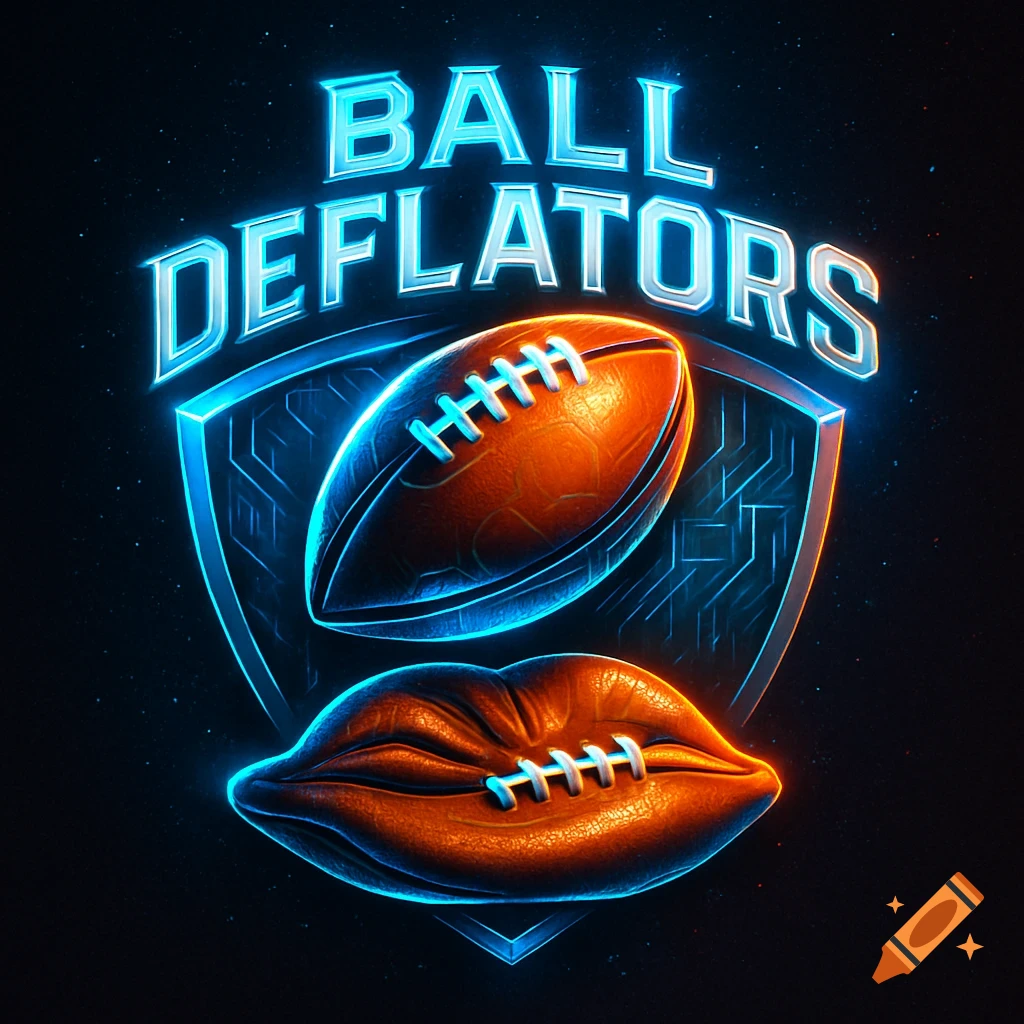 A neon digital art logo for 'BALL DEFLATORS' with a glowing football above a pair of lips on a dark background.
