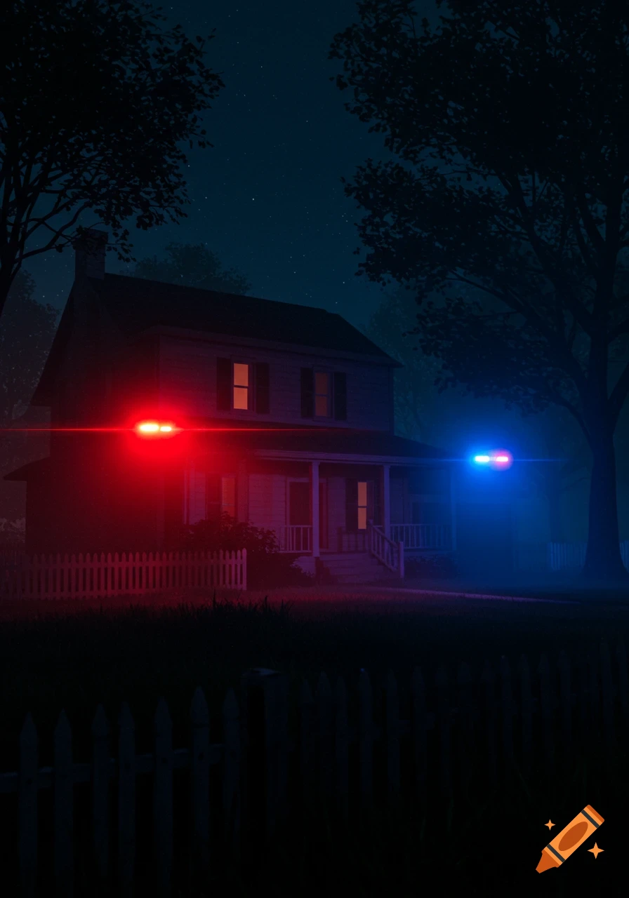 A suburban house at night illuminated by flashing red and blue police lights.