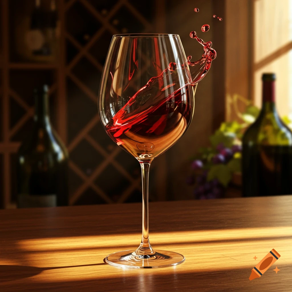 Photorealistic close-up of red wine splashing in a wine glass on a wooden table.