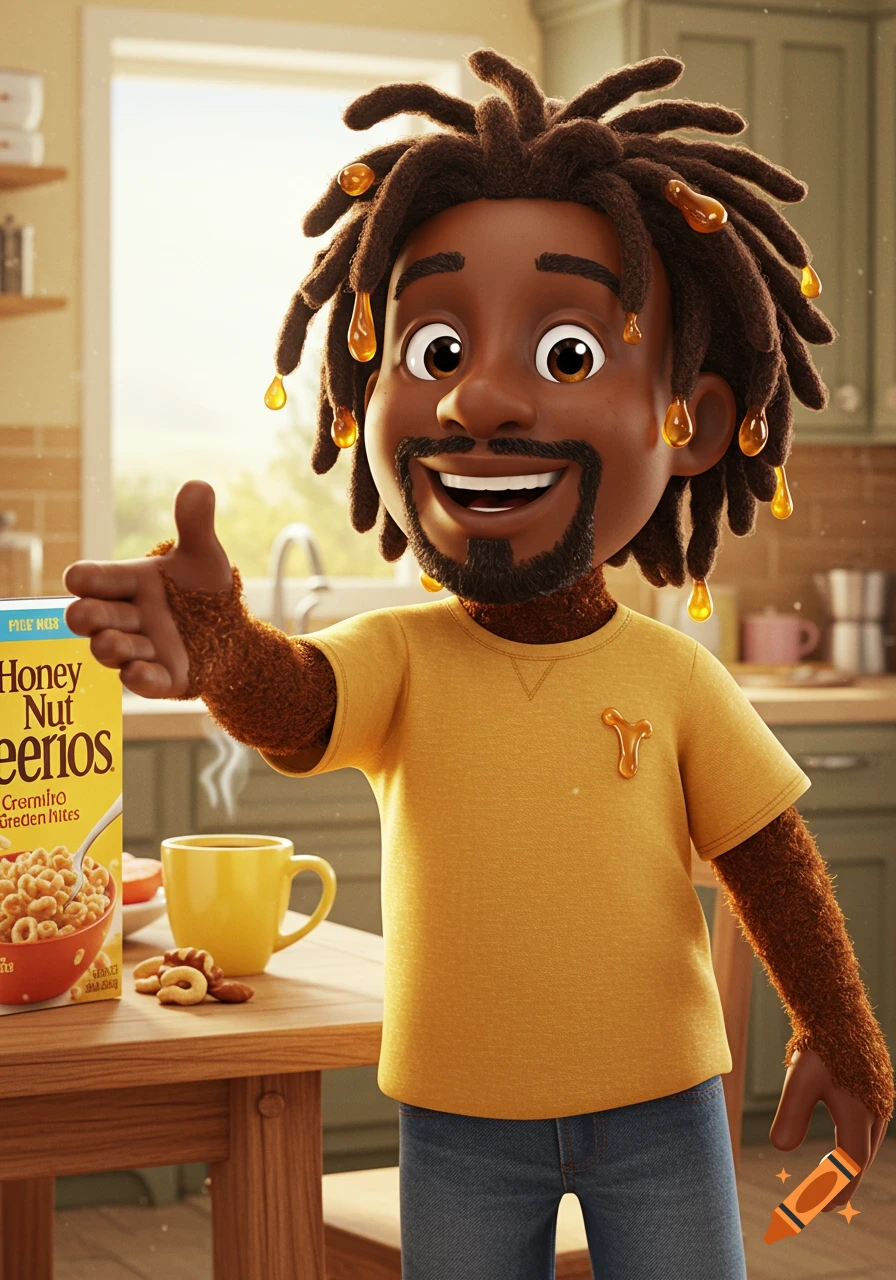 A photorealistic 3D cartoon of a smiling Black man with honey-dripping dreadlocks, reaching out in a kitchen with a Honey Nut Cheerios box.