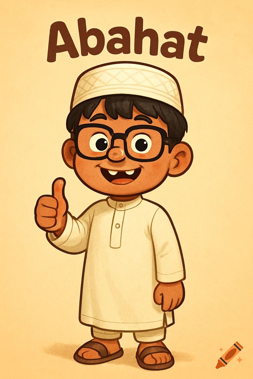 A smiling cartoon boy wearing glasses, an Islamic thobe and hat, with a gap in his teeth, giving a thumbs-up. The name Abahat is above him.