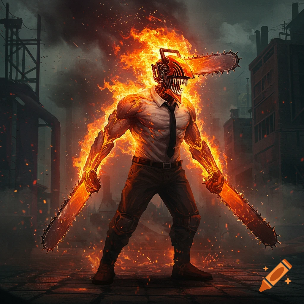 A muscular, fiery character with a chainsaw head and flaming arm-chainsaws stands in a desolate city street, anime style.