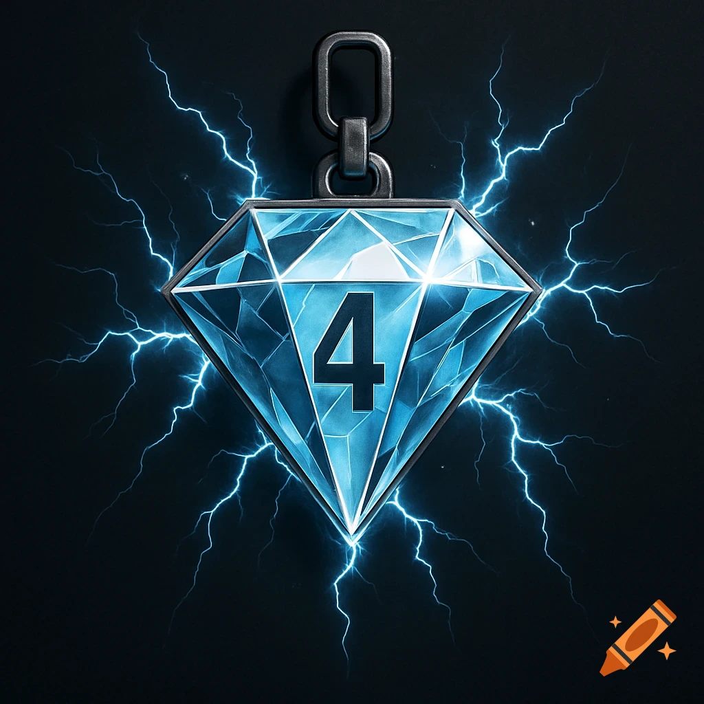 A glowing blue diamond pendant with a number 4 in the center, surrounded by electric lightning bolts on a dark background.