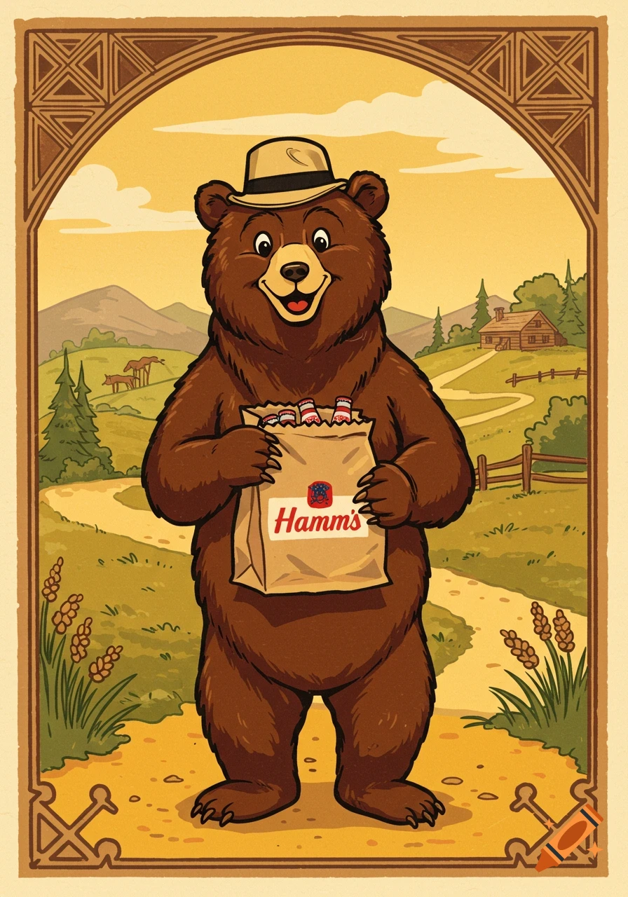 A smiling cartoon bear wearing a hat holds a brown paper bag labeled "Hamm's" filled with bottles, in a 1930s advertisement style.