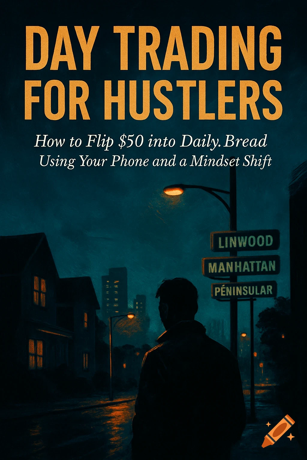 A book cover for 'DAY TRADING FOR HUSTLERS' featuring a silhouette of a person on a wet street at night, with street signs pointing to 'Linwood', 'Manhattan', and 'Peninsular'.