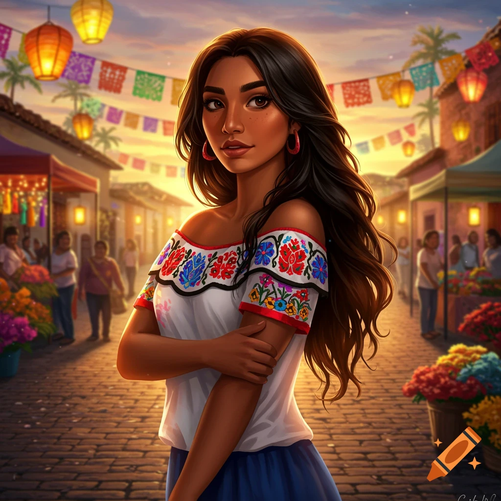 A beautiful Latina woman in a traditional embroidered dress stands in a vibrant market at sunset, with lanterns and colorful banners overhead.