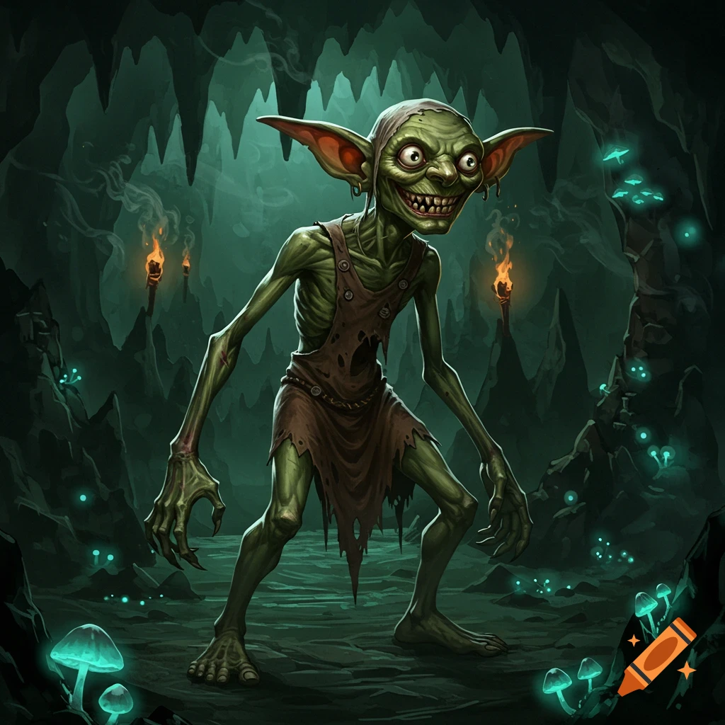 A skinny, hunchedbacked goblin with large ears and sharp teeth stands in a dark cave with glowing mushrooms and torches, in a fantasy art style.