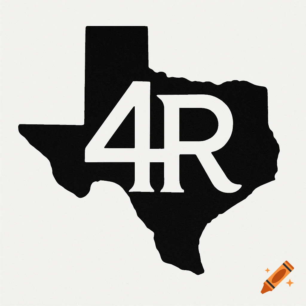 Black silhouette of Texas outline with a white '4R' cattle brand in the center.