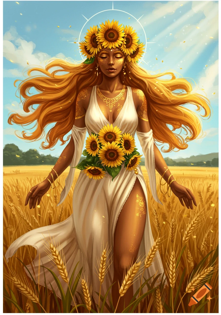 A golden-haired goddess with a sunflower crown and white dress stands in a wheat field under a blue sky, golden patterns on her skin.