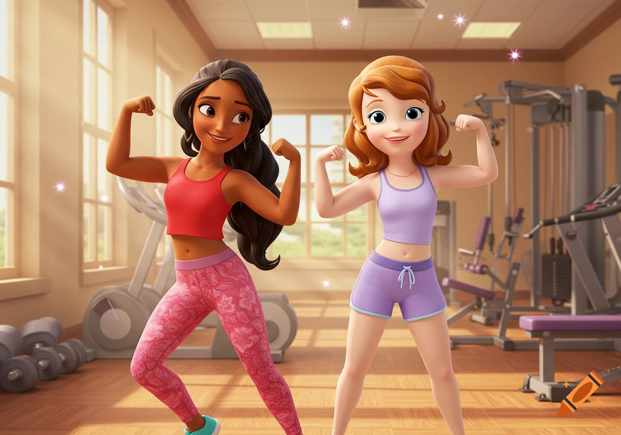 Two animated characters, Elena of Avalor and Sofia the First, flex their muscles in a gym, wearing workout clothes.