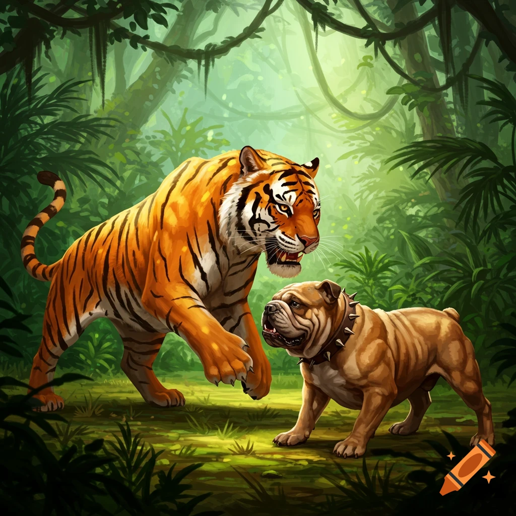 A tiger confronts a bulldog in a lush jungle, depicted in an illustrative style.