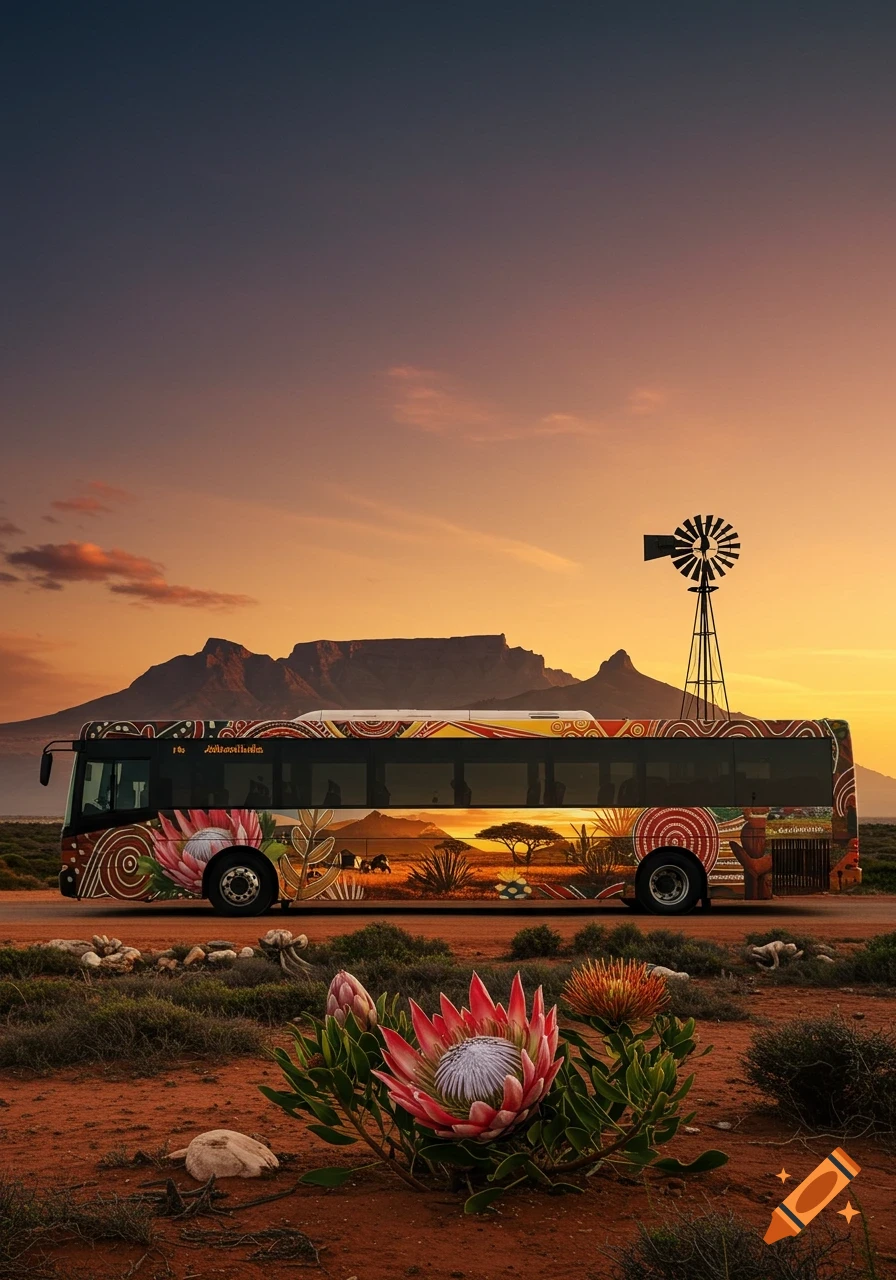 A custom-designed bus with indigenous art and savanna landscape patterns drives past Table Mountain and a windmill at sunset, with protea flowers in the foreground.