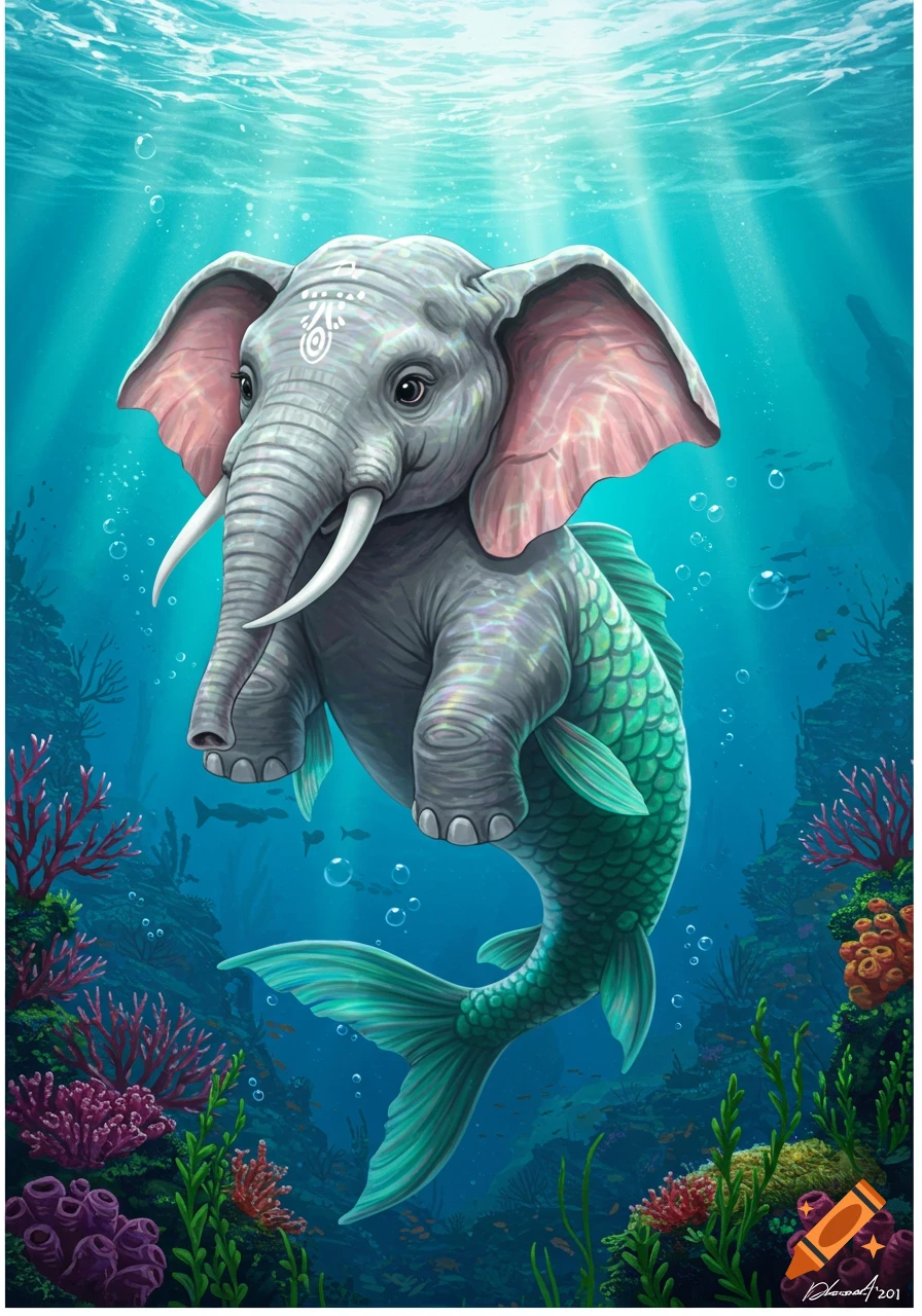 A fantasy creature, half baby elephant and half fish, swims in a vibrant blue underwater scene with coral reefs and bubbles.