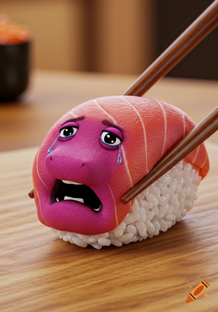 A 3D render of a salmon nigiri sushi with a purple, crying cartoon face, held by chopsticks.