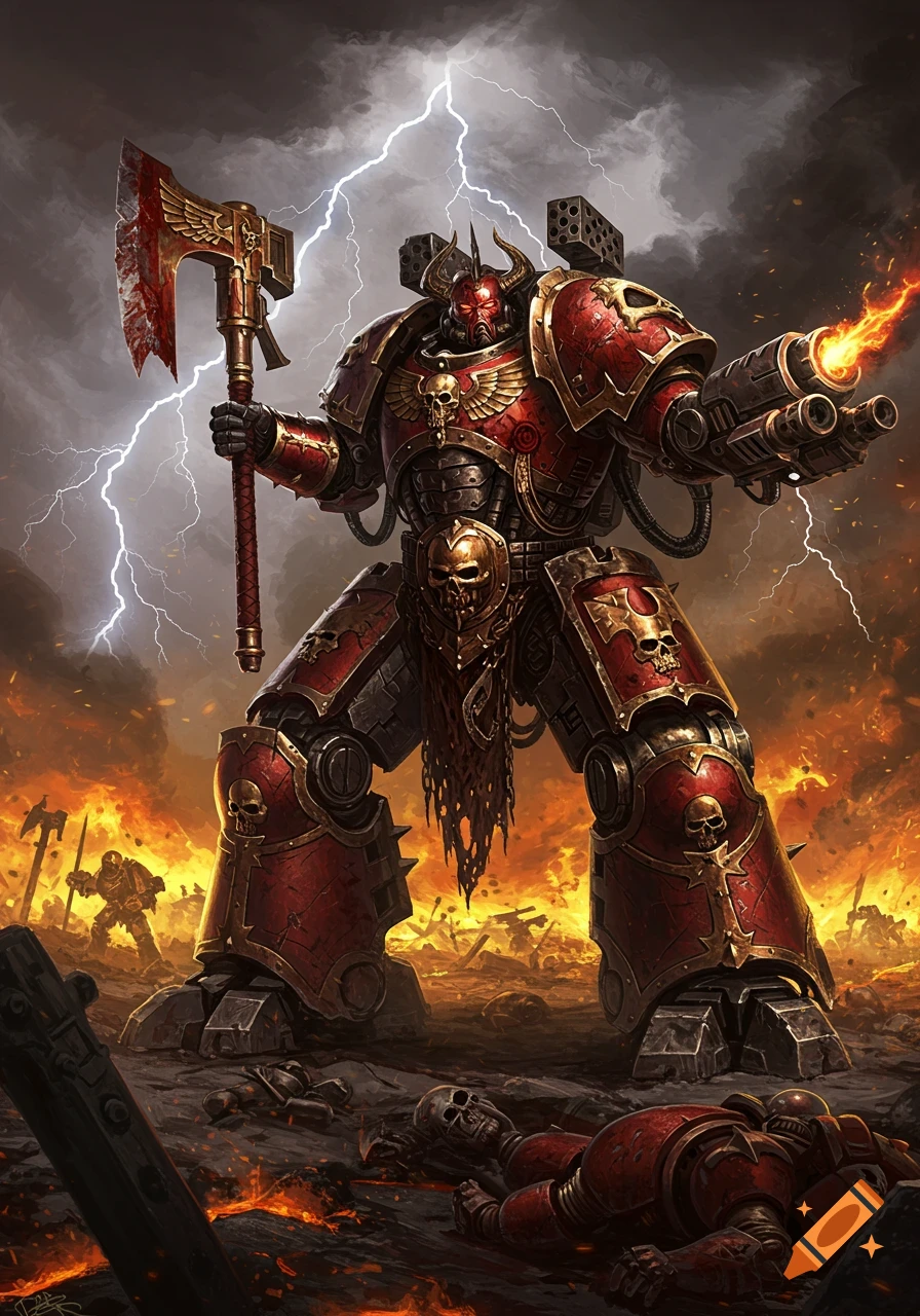 A massive, red-armored demonic warrior with an axe and gun stands on a fiery battlefield under a lightning storm, surrounded by fallen foes.