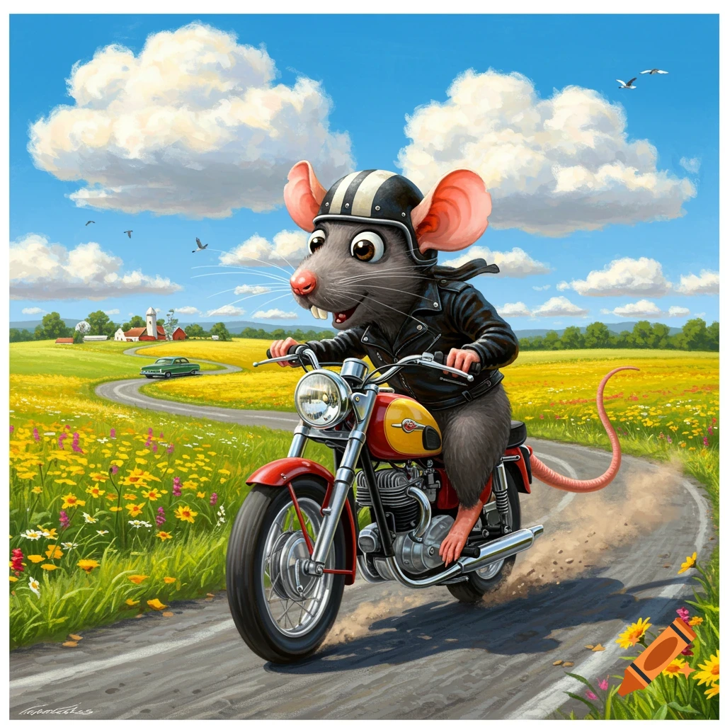 Cartoon rat wearing a leather jacket and helmet riding a red and yellow vintage motorcycle on a winding road through a sunny wildflower field with a farmhouse in the background.