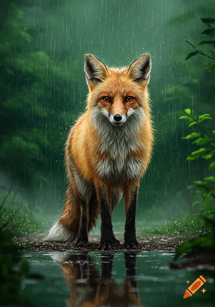 Photorealistic image of a red fox standing on a wet path in a lush green forest during a rain shower, reflected in a puddle.