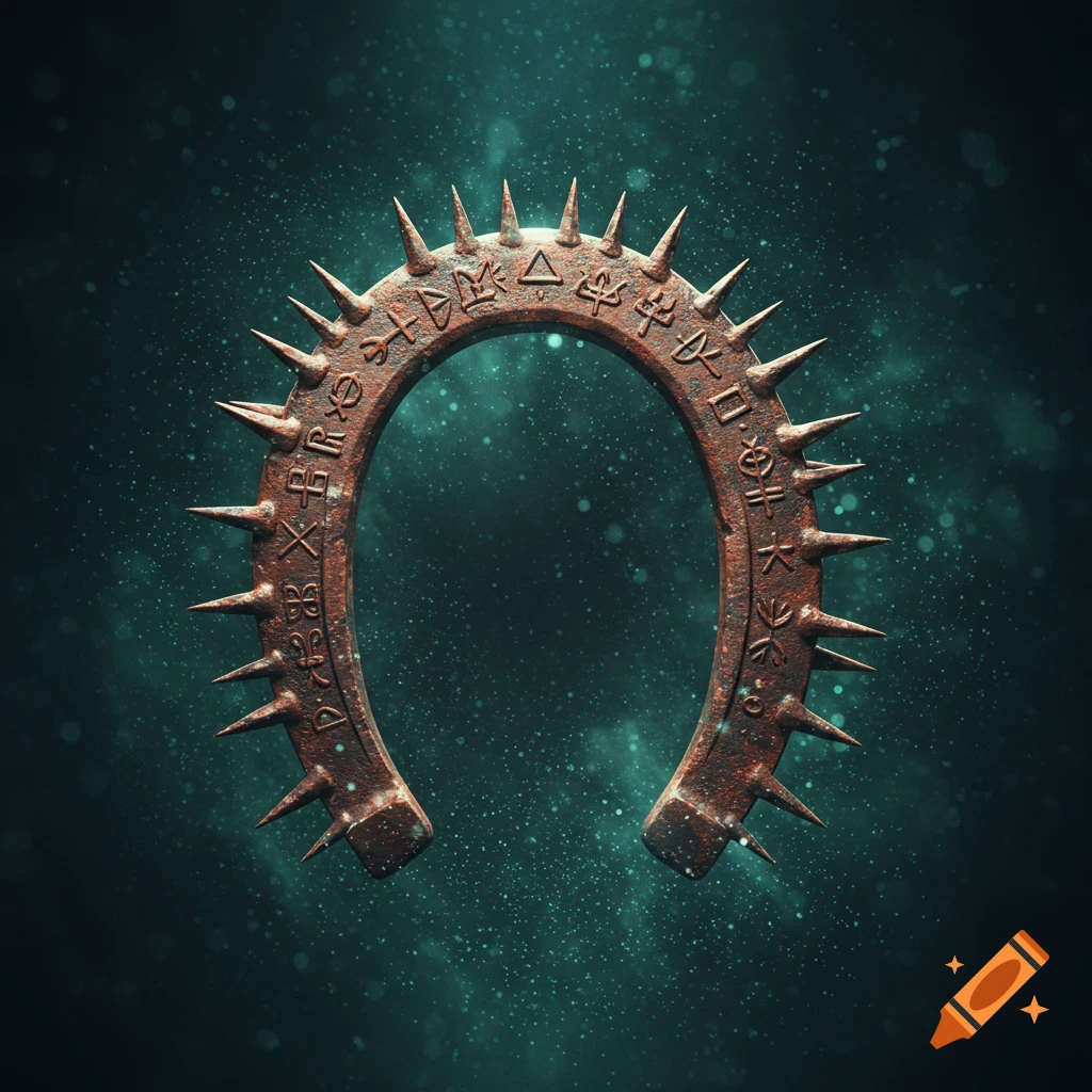A rusty, spiked horseshoe with arcane symbols etched into its surface, against a dark, mystical green background.