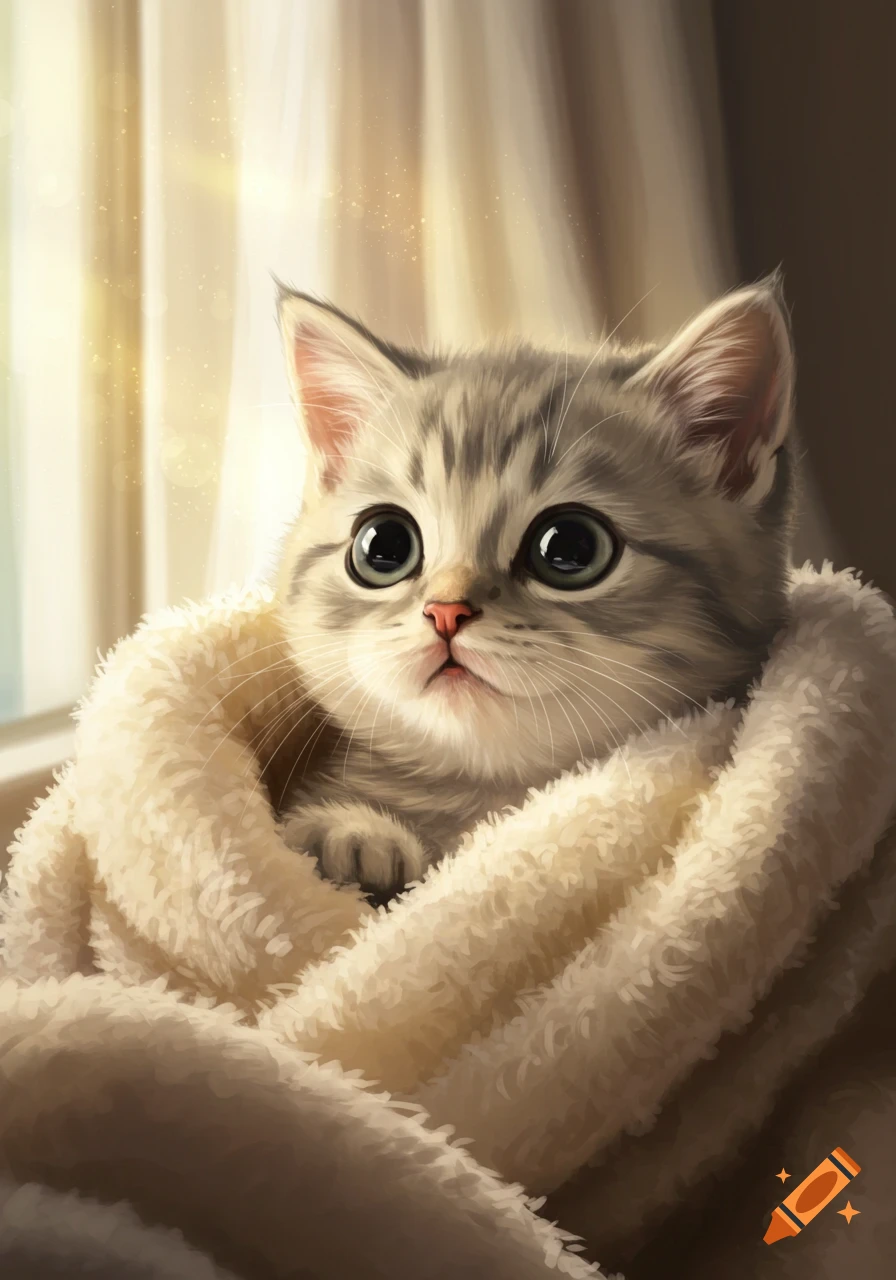 An adorable grey tabby kitten with large eyes and a pink nose, wrapped snugly in a white fluffy blanket, sitting in soft sunlight.