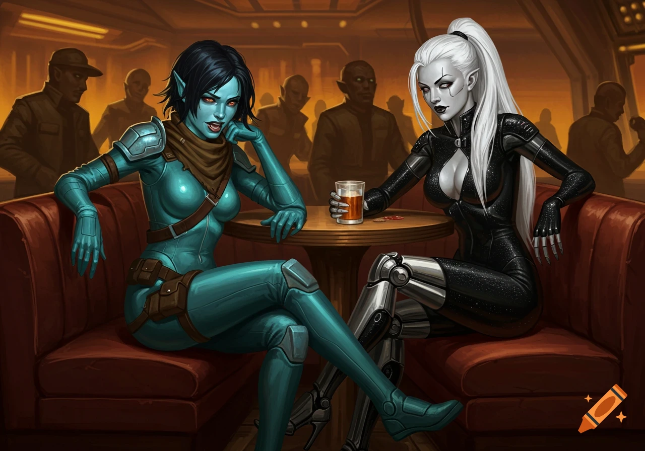 Two stylized female alien characters, one in blue armor and one in a black jumpsuit, sit at a table in a dimly lit sci-fi bar.