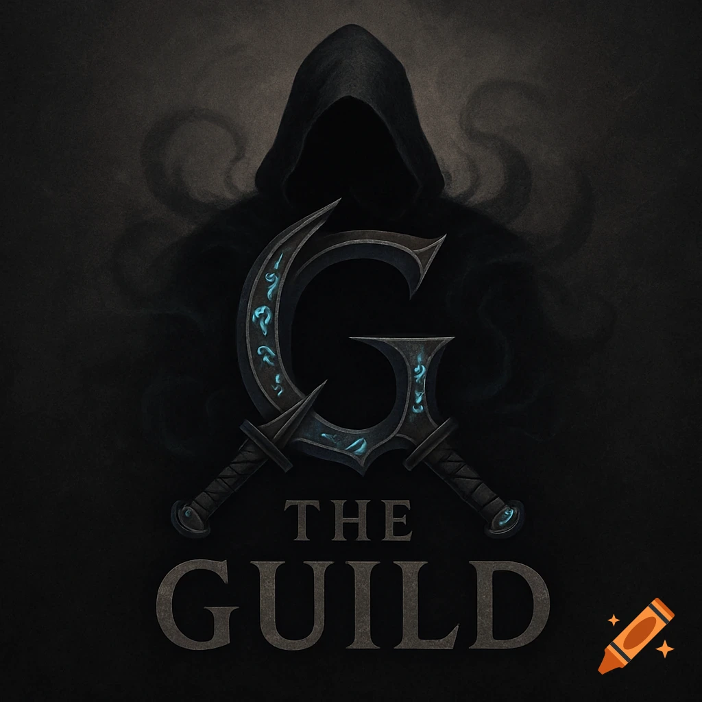 A dark fantasy logo featuring a shadowy hooded figure with a large, ornate letter G shaped like two crossed swords, above the text 'THE GUILD'.