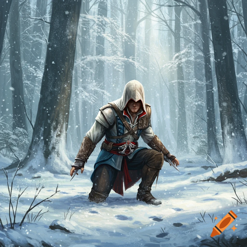 A man in an assassin's hooded outfit crouches in a snowy forest, with light filtering through the trees.