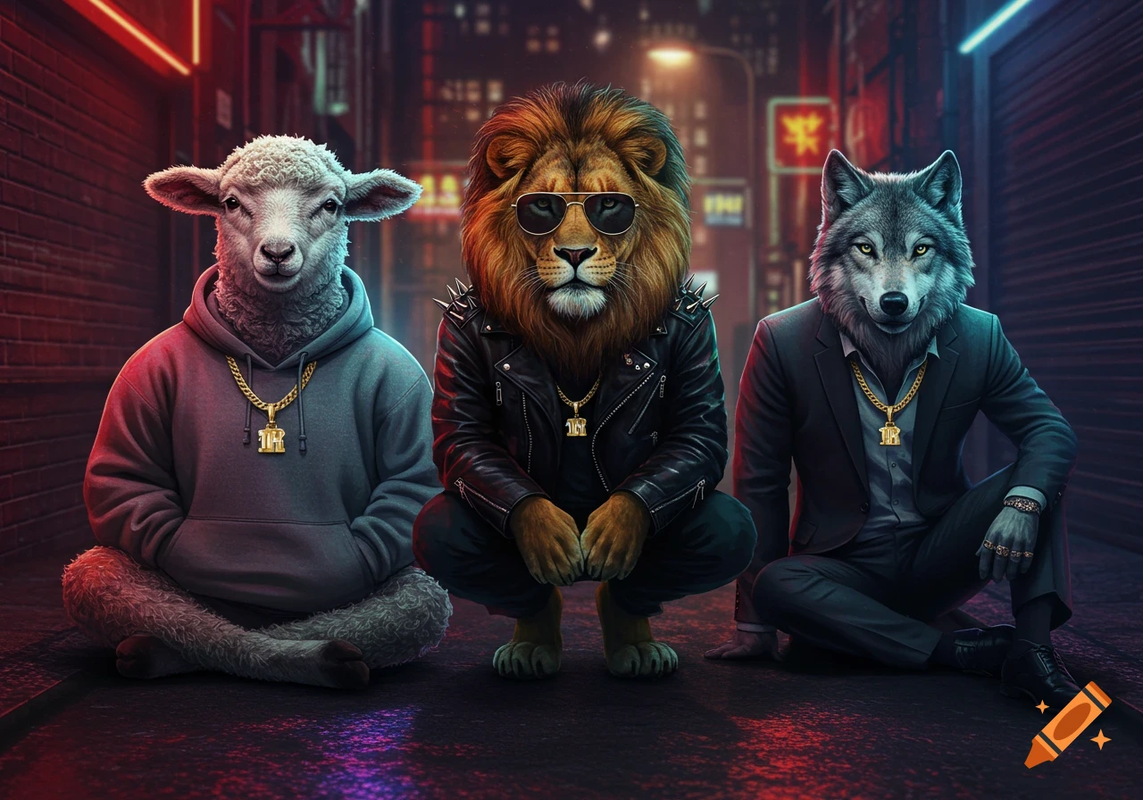 A lamb in a hoodie, a lion in a leather jacket and sunglasses, and a wolf in a suit, all wearing gold chains, sitting on a neon-lit city street at night.