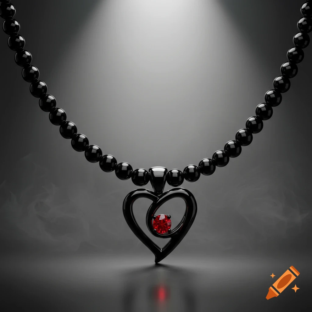 A black beaded necklace with a stylized black heart pendant featuring a small red ruby, illuminated by a spotlight.