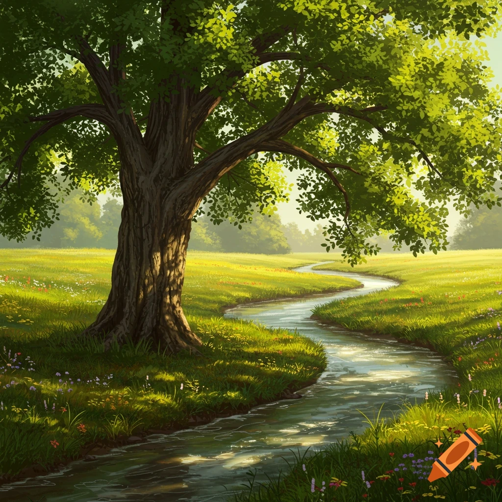 A lush green landscape with a large tree beside a winding stream in a sunny meadow.