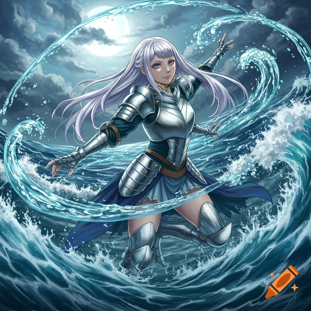 An anime illustration of Noelle Silva in armor, standing amidst swirling blue water under a full moon.