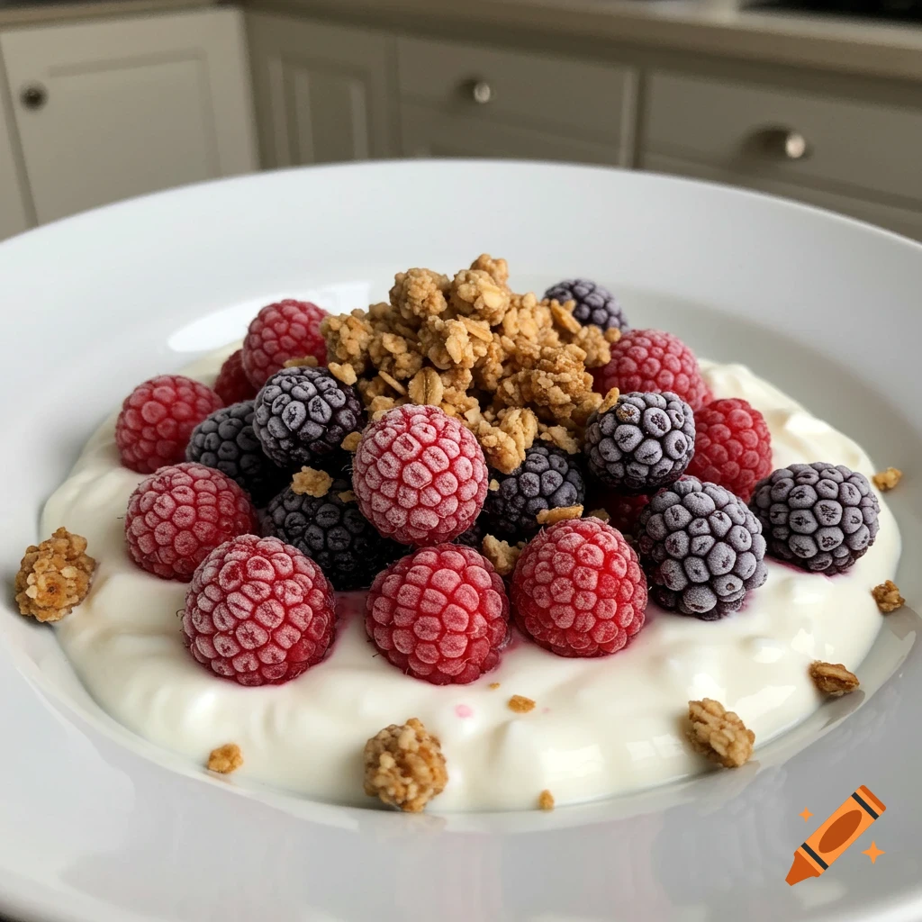 A close-up of a white bowl filled with creamy yogurt, topped with frosted red raspberries, dark blackberries, and golden granola.